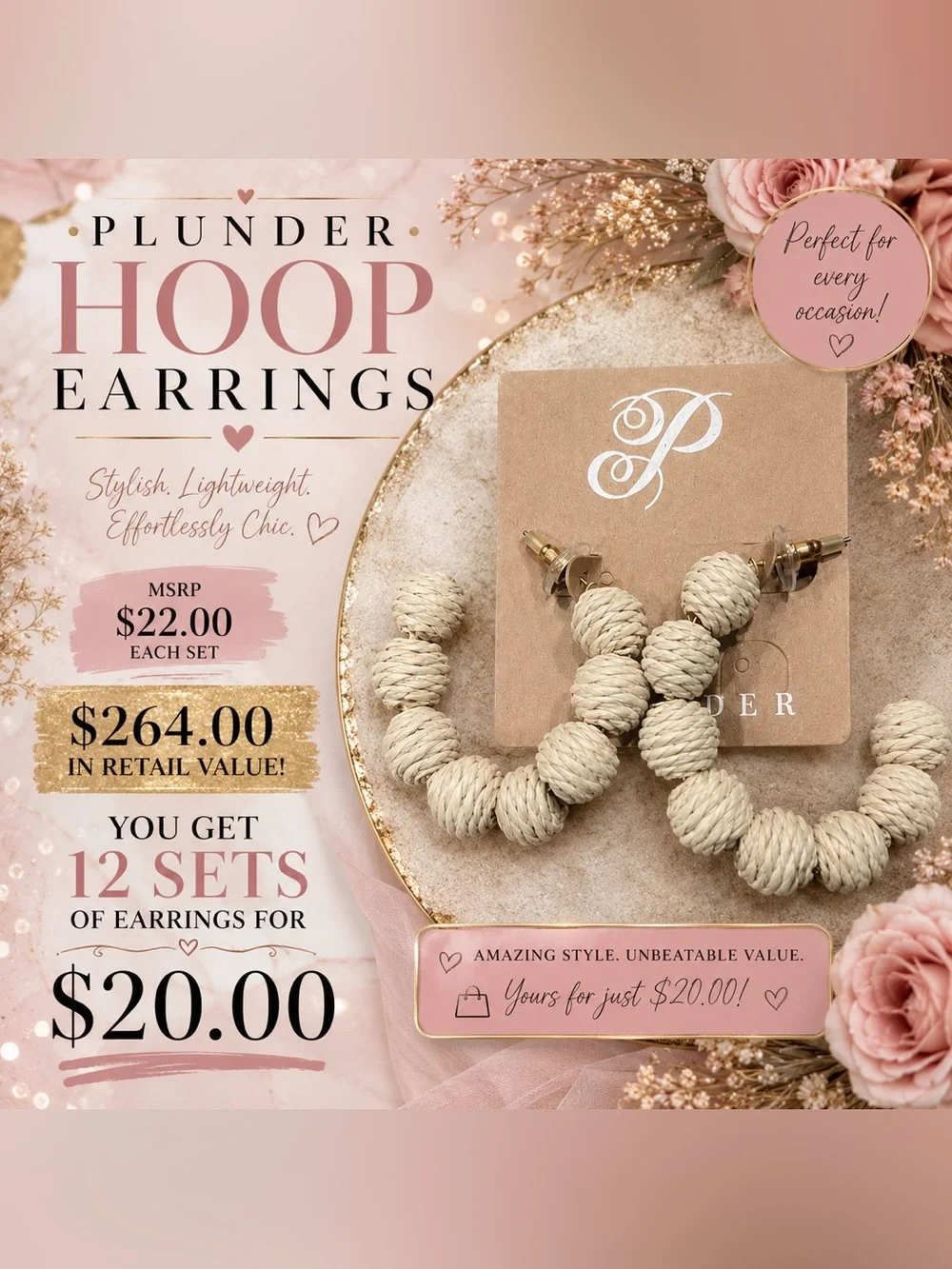 Plunder Cream Woven Rope Bead Hoop Earrings